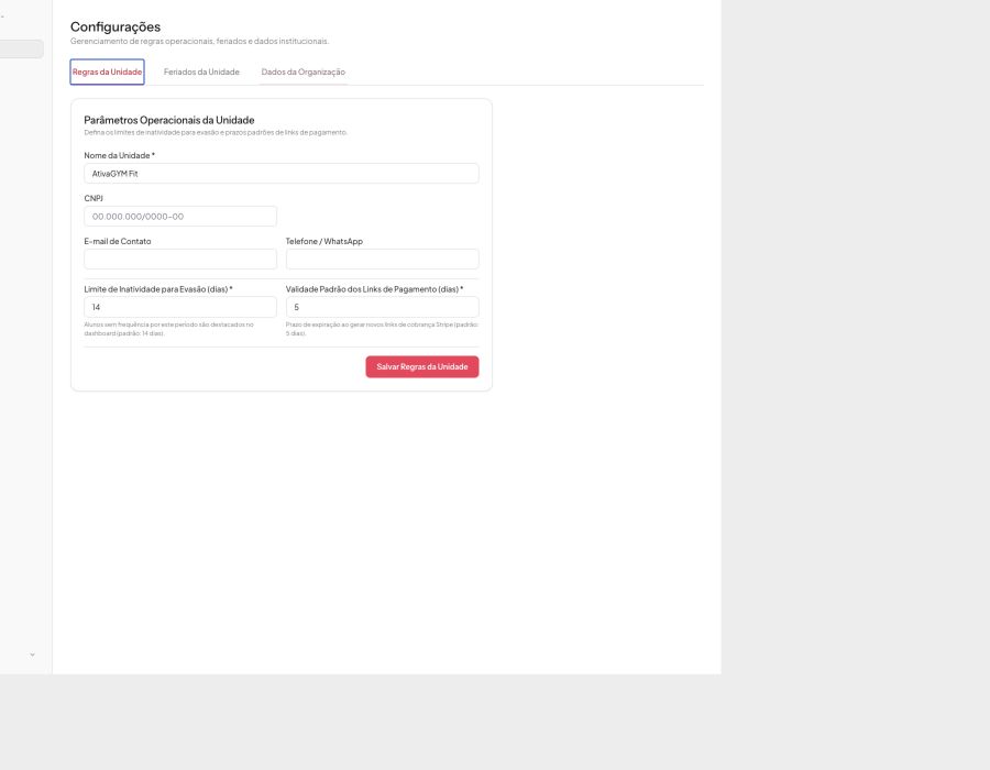 Tela de regras operacionais da unidade no AtivaGYM