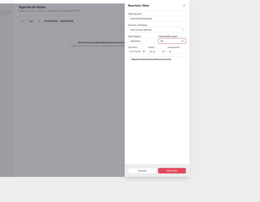 Painel para cadastrar uma nova aula no AtivaGYM