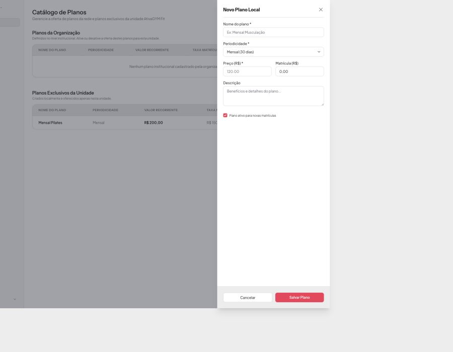 Formulário para criar um novo plano local no AtivaGYM